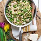 One Pot Chicken and Brown Rice with Spring Veggies. 30 minutes, gluten-free and kid approved! #onepotrecipe #chickenrecipe #healthyweeknight #30minutedinner