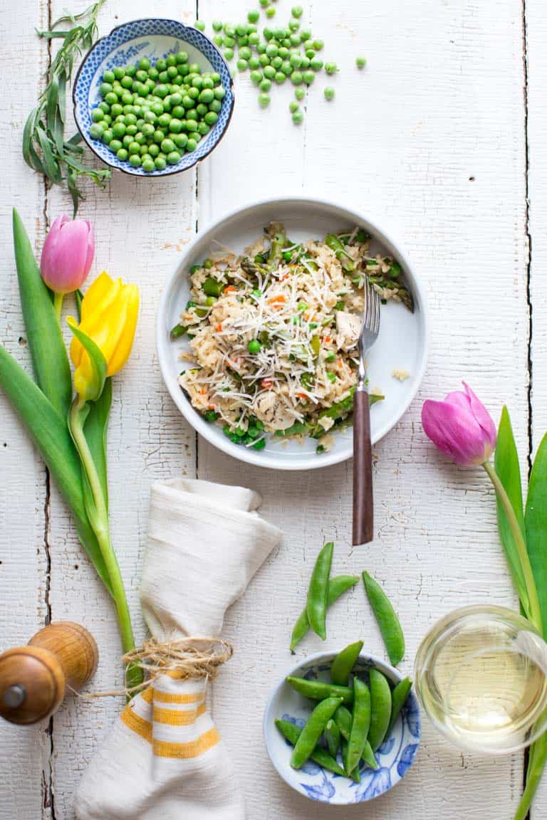 One Pot Chicken and Rice With Spring Veggies on a table