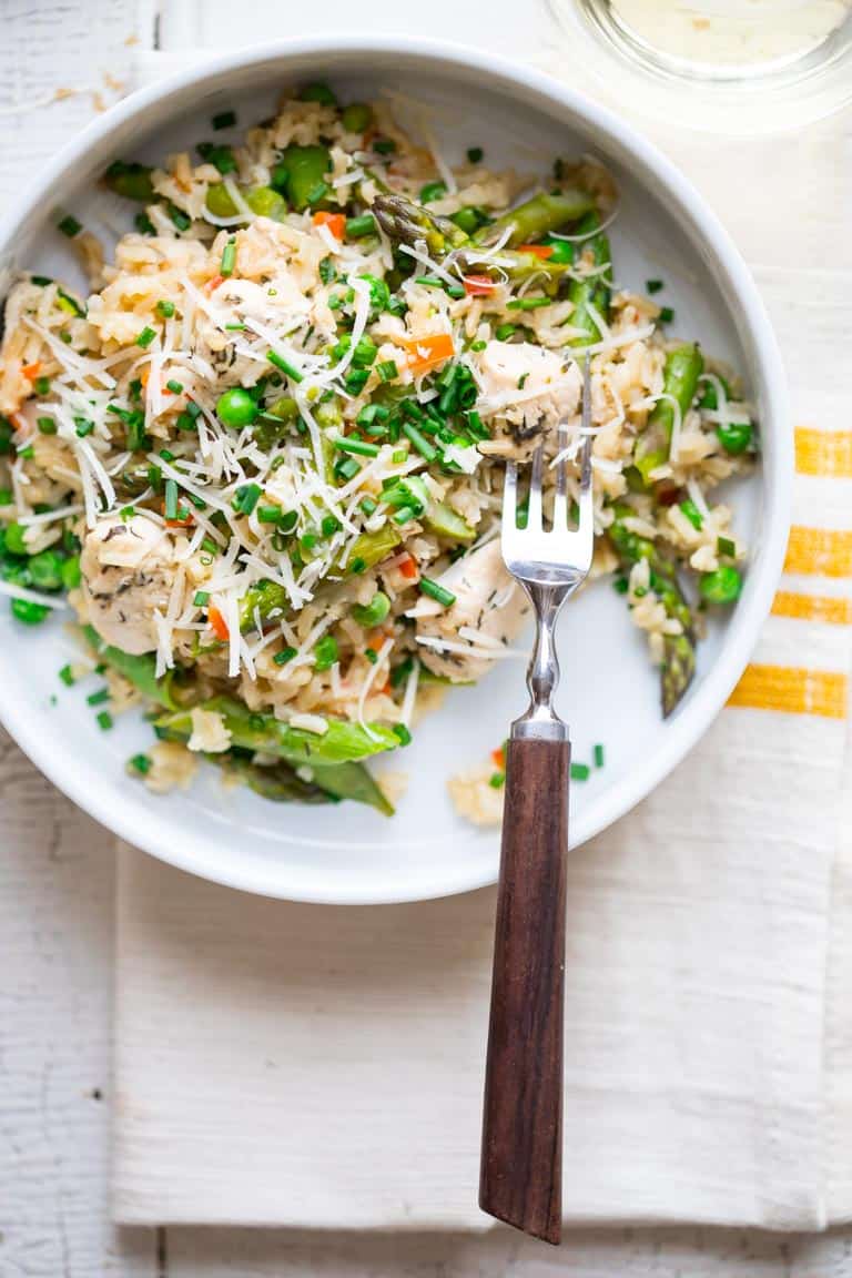 Chicken and Rice with Spring Veggies in a plate