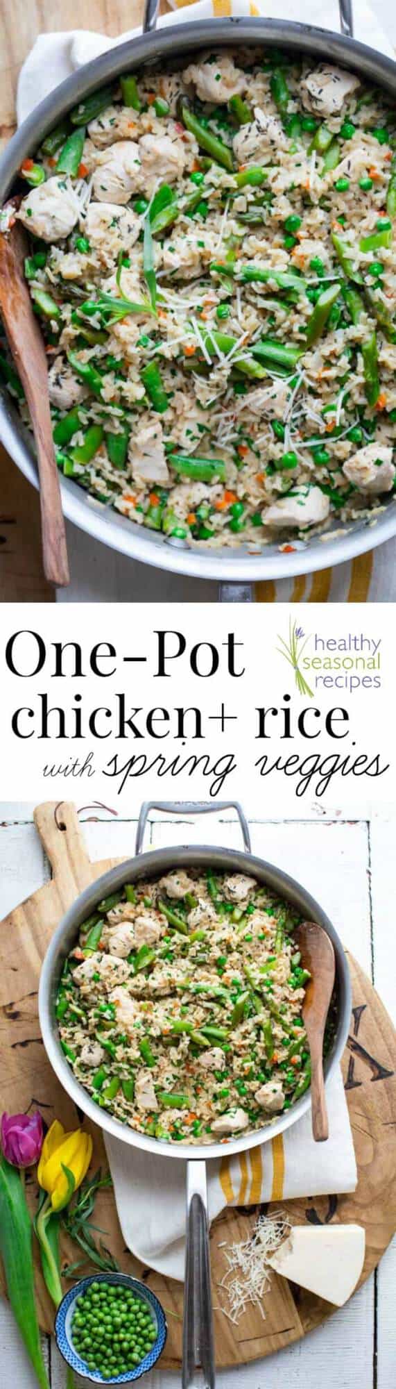 A bowl of food with peas, with Chicken and Rice