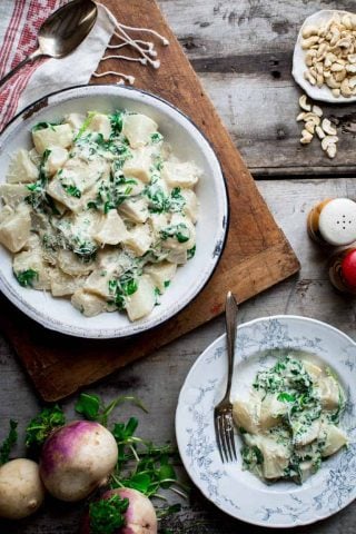 Turnips and greens with Cashew Cream- a one pot side-dish. It's naturally gluten-free, low carb and has a vegan option.  #vegan #lowcarb #keto #turnips #healthysidedish #easter