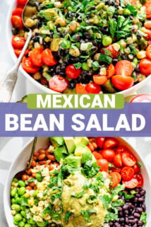 collage with colorful bean salad photos and text overlay in the center that says "mexican bean salad"
