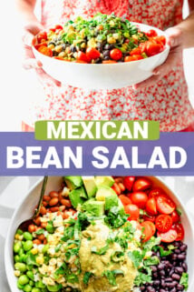 collage with colorful bean salad photos and text overlay in the center that says "mexican bean salad"