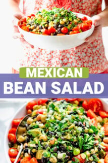 collage with colorful bean salad photos and text overlay in the center that says "mexican bean salad"