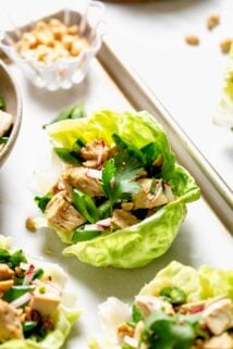 a side view of a lettuce wrap with peanuts and herbs