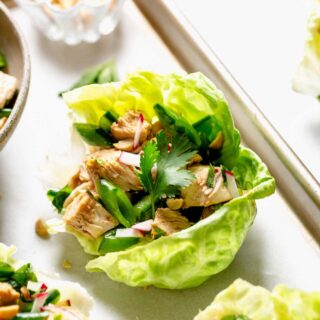 a side view of a lettuce wrap with peanuts and herbs