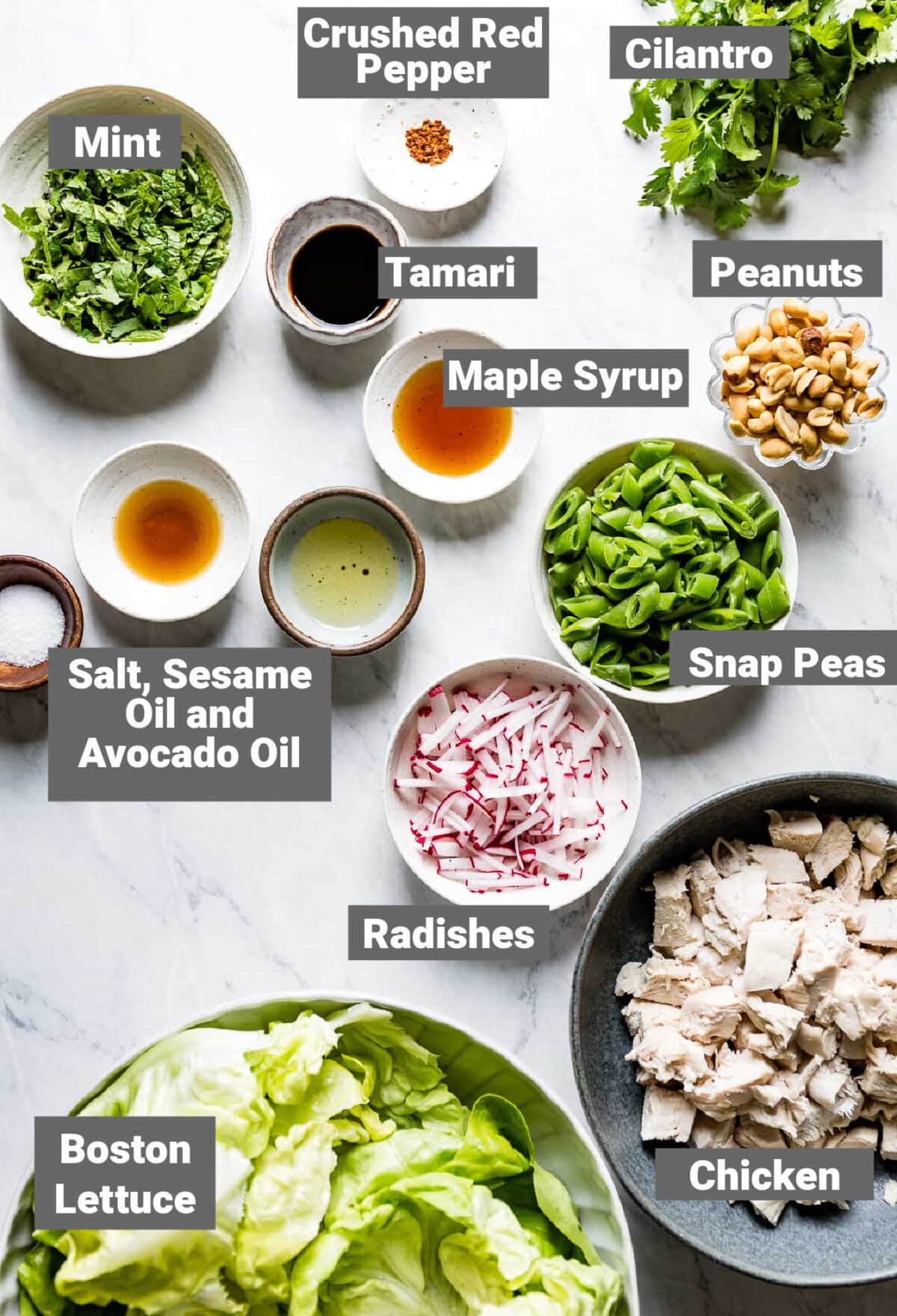 ingredients for easy sesame chicken wraps with labels