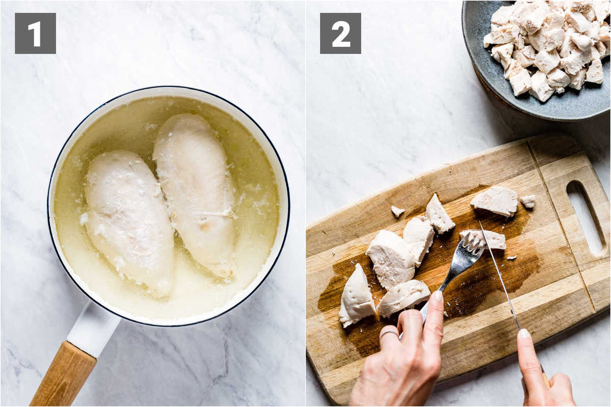 to cook the chicken simmer then cut into chunks