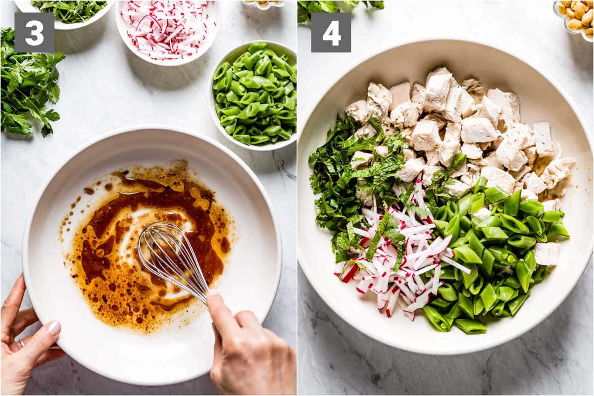 whisk the dressing then add the chicken and veggies