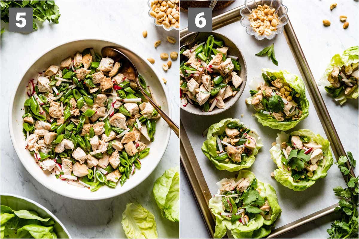 the sesame chicken mixture and then the assembled lettuce cups with peanuts