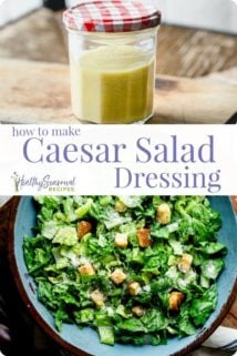 a collage of caesar salad and a jar of dressing with text overlay