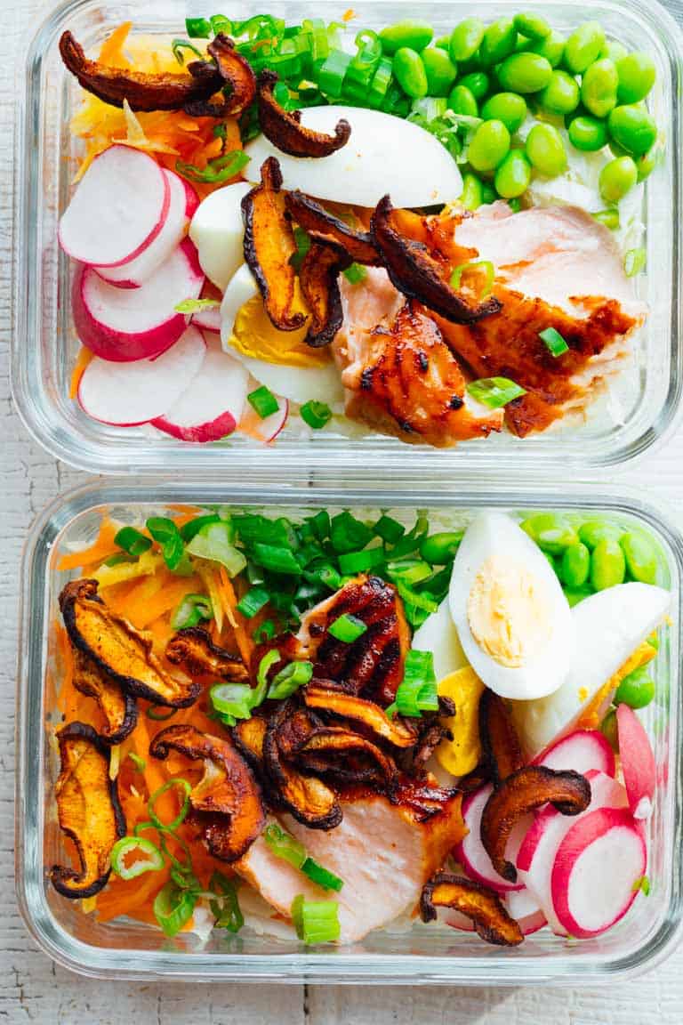 Meal Prep Wasabi Glazed Salmon Power Salads in two meal prep containers
