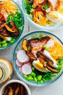 These Meal Prep Wasabi Glazed Salmon Power Salads are high protein, gluten-free and low carb&nbsp;and totally satisfying for a week of healthy lunches. #salmon #mealprep #glutenfree #highprotein