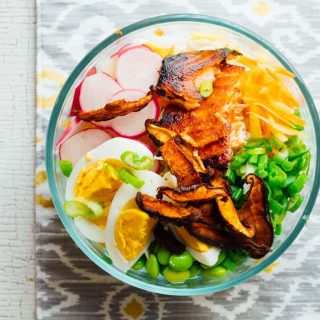 These Meal Prep Wasabi Glazed Salmon Power Salads are high protein, gluten-free and low carb and totally satisfying for a week of healthy lunches. #salmon #mealprep #glutenfree #highprotein