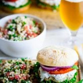 Burgers made from ground chicken, seasoned with za&rsquo;atar and topped with cucumber mint tzatziki, lettuce and tomato! Get those grills fired up my friends! They&rsquo;re a middle-eastern flavored burger mash-up you won&rsquo;t want to miss. Healthy Seasonal Recipes by Katie Webster | #burger #tzatziki #chicken #cucumber #mint #zaatar #grill