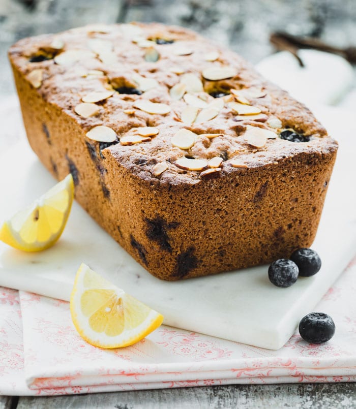 a loaf of blueberry bread from the side
