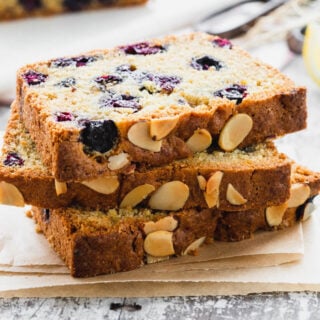 A close up of a blueberry bread