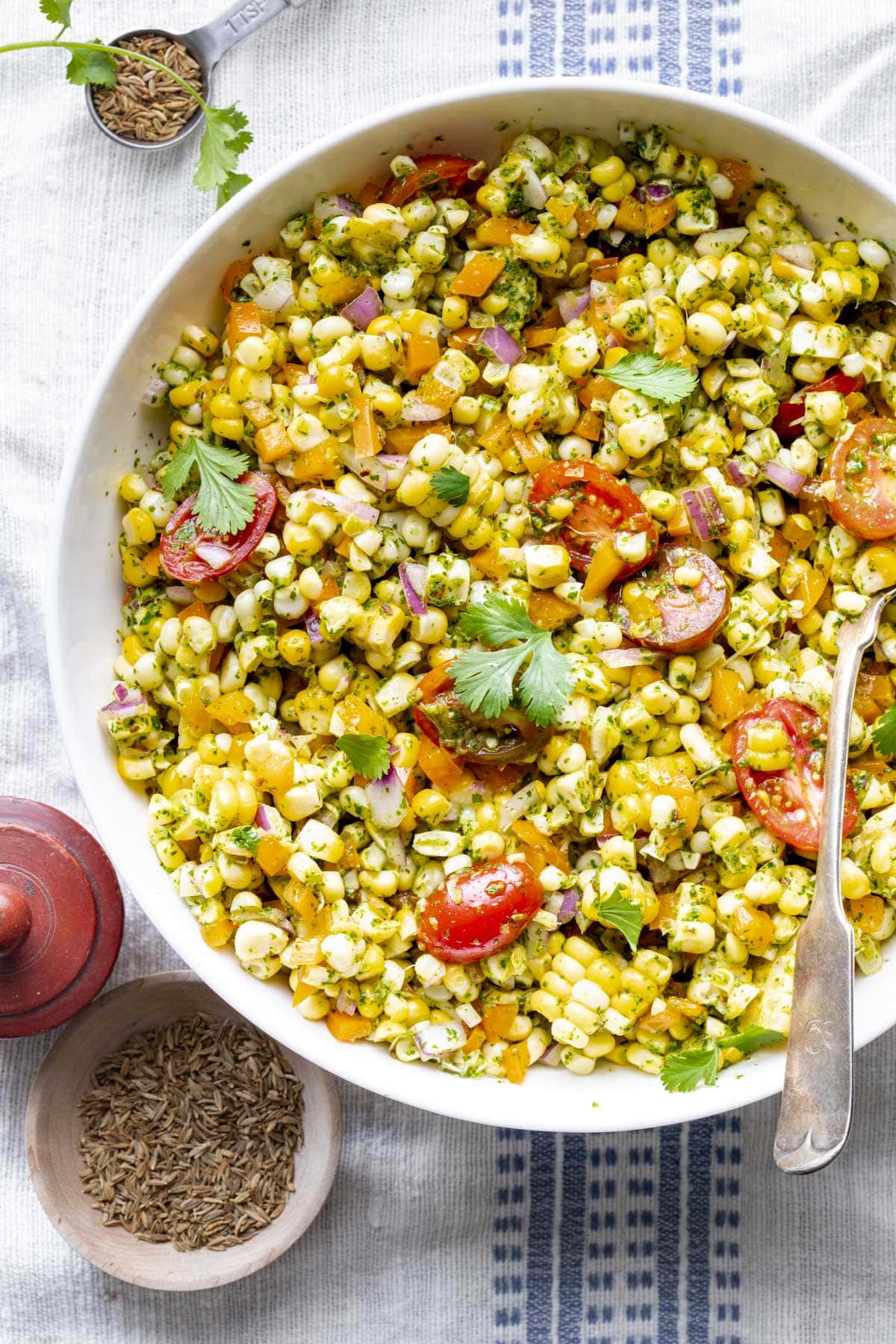 a closeup of the corn salad