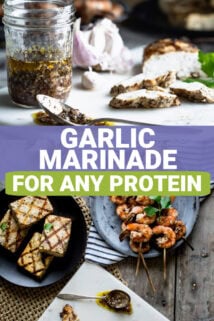 A jar of garlic marinade from the side and some examples of proteins that are marinated in it (shrimp and tofu) with text overlay