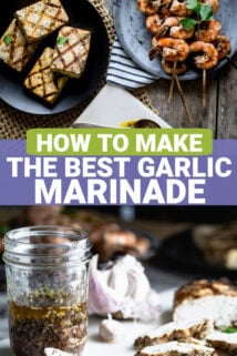 A jar of garlic marinade from the side and some examples of proteins that are marinated in it (shrimp and tofu) with text overlay