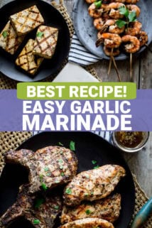 examples of proteins that are marinated in it (pork chops, chicken, shrimp and tofu) with text overlay