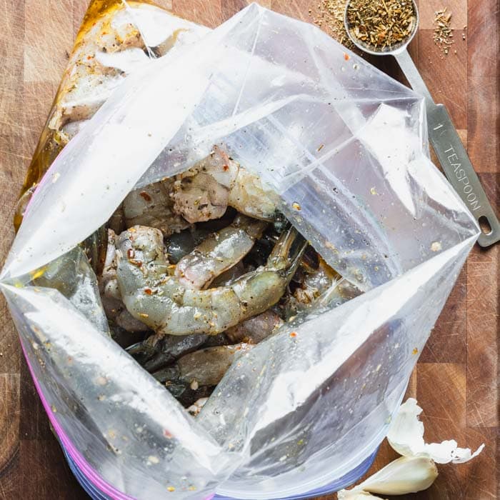 a bag of shrimp in marinade