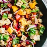 Closeup overhead of panzanella salad