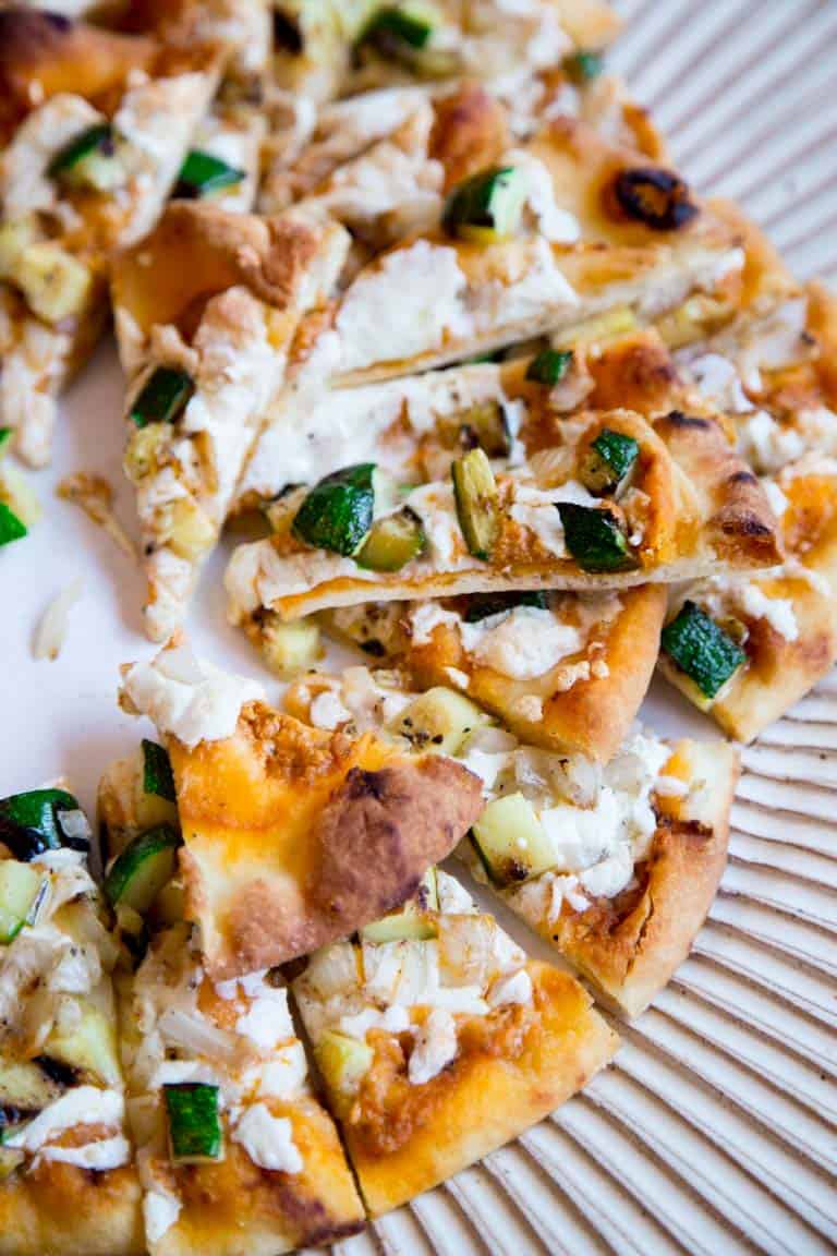 Grilled Zucchini and Onion Flatbreads with Tomato Ricotta Pesto | Healthy Seasonal Recipes by Katie Webster