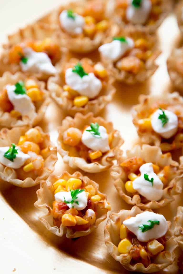 Spicy Shrimp and Corn Cups | Easy appetizer idea for a pesto party | Healthy Seasonal Recipes