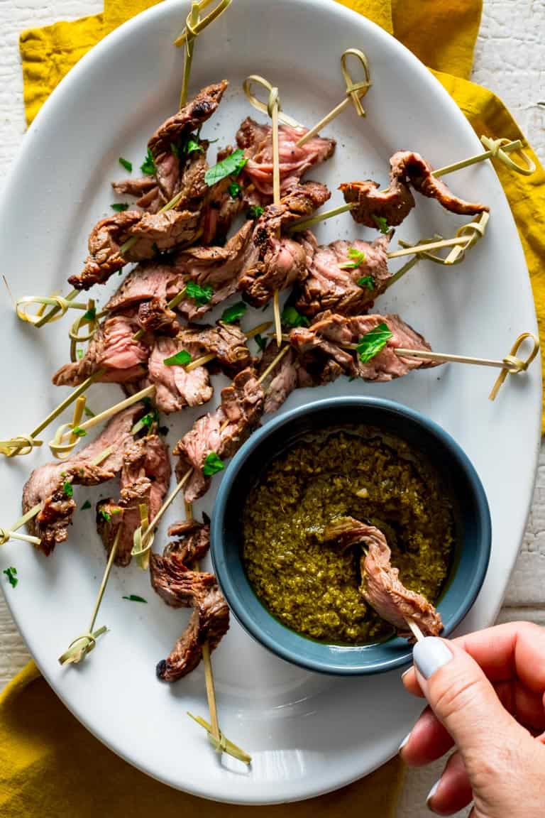 Grilled Steak Skewers with Pesto Dipping Sauce- a simple appetizer (gluten-free and low-carb) for a Pesto Party | Healthy Seasonal Recipes by Katie Webster