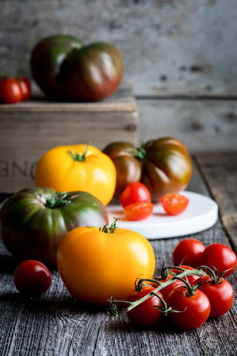A variety of tomatoes on a table