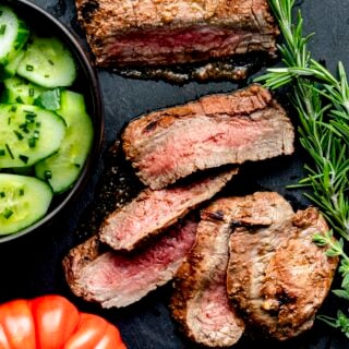closeup of the grilled marinated flank steak