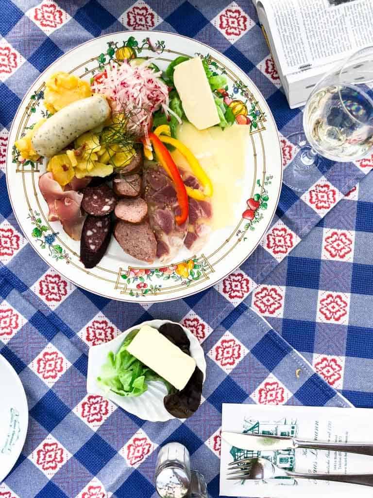 A sausage sampler plate in the Moselle River Valley in Germany | healthyseasonalrecipes.com