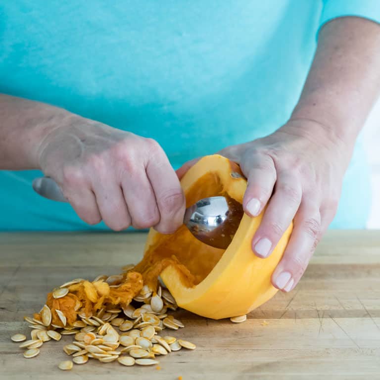 remove the seeds from the peeled fresh pie pumpkin