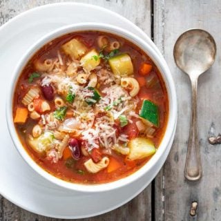 minestrone soup in a white bowl