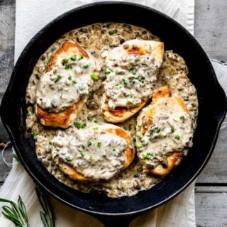 the skillet of pork chops with gravy