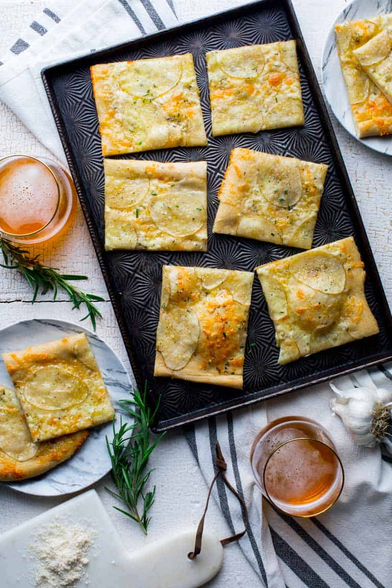 Potato Pizza cut up into squares 