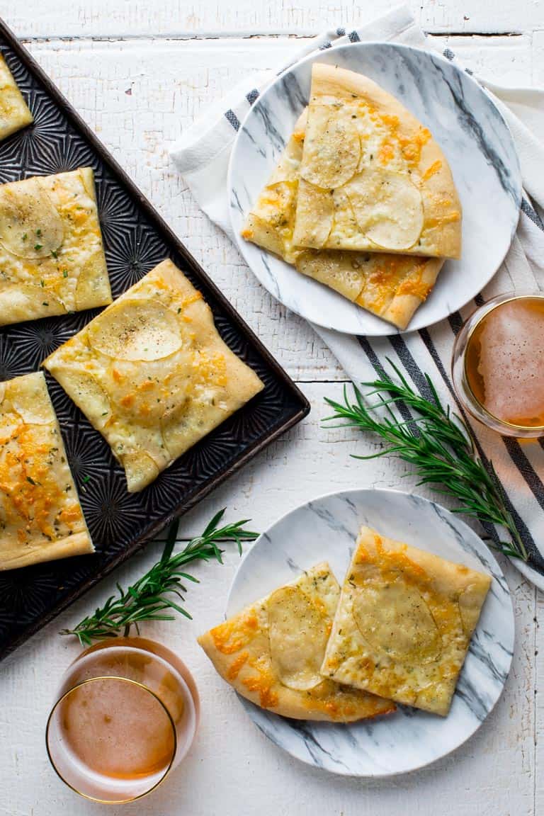 White Pizza with Potatoes cut up into squares 