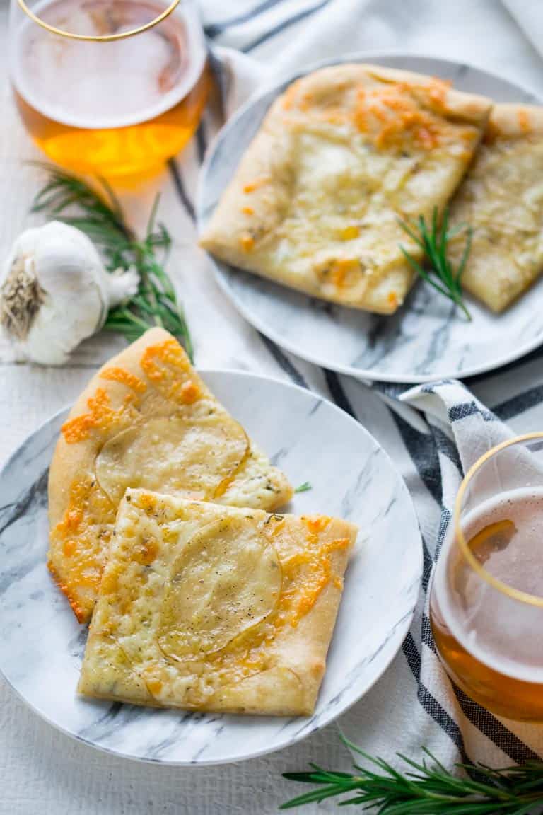 Potato Pizza cut up into squares 