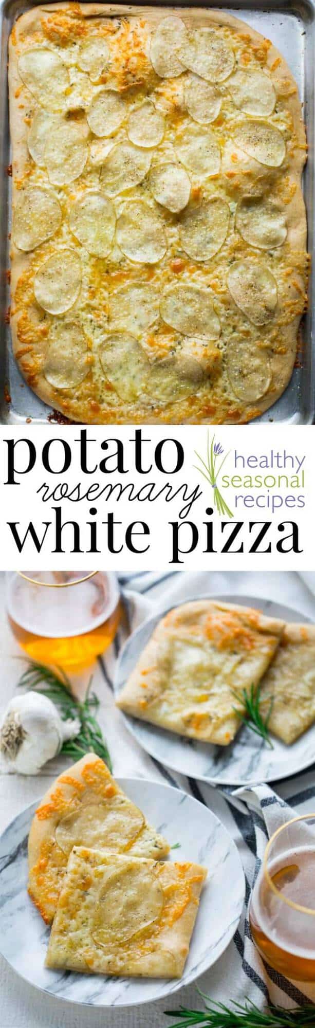 A plate of food with a slice of pizza, with Potato pizza
