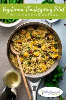 a saute pan with Vegetarian pumpkin quinoa Thanksgiving pilaf