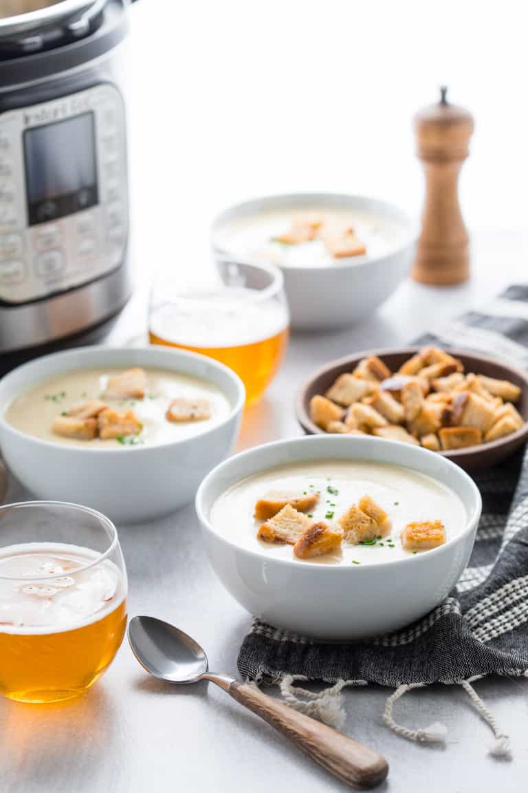 pressure cooker cauliflower soup in two bowls