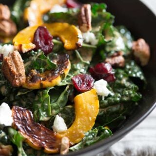 kale salad with delicata squash, cranberries, goat cheese and spiced pecans