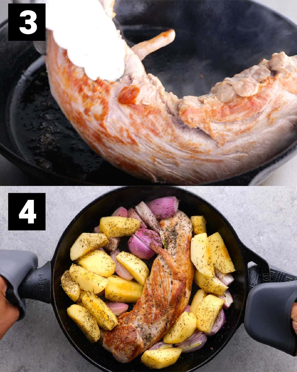 sear pork and then add in the apples, shallots and seasonings