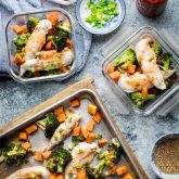 Meal Prep containers with Sheet Pan Chicken and Broccoli with Honey Sriracha Sauce