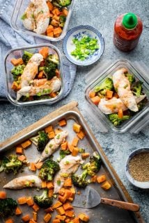 Meal Prep containers with Sheet Pan Chicken and Broccoli with Honey Sriracha Sauce
