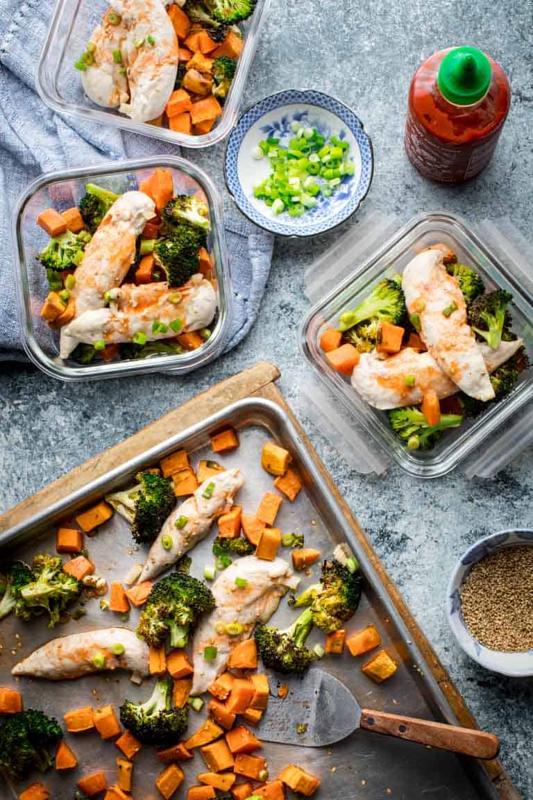 Meal Prep containers with Sheet Pan Chicken and Broccoli with Honey Sriracha Sauce