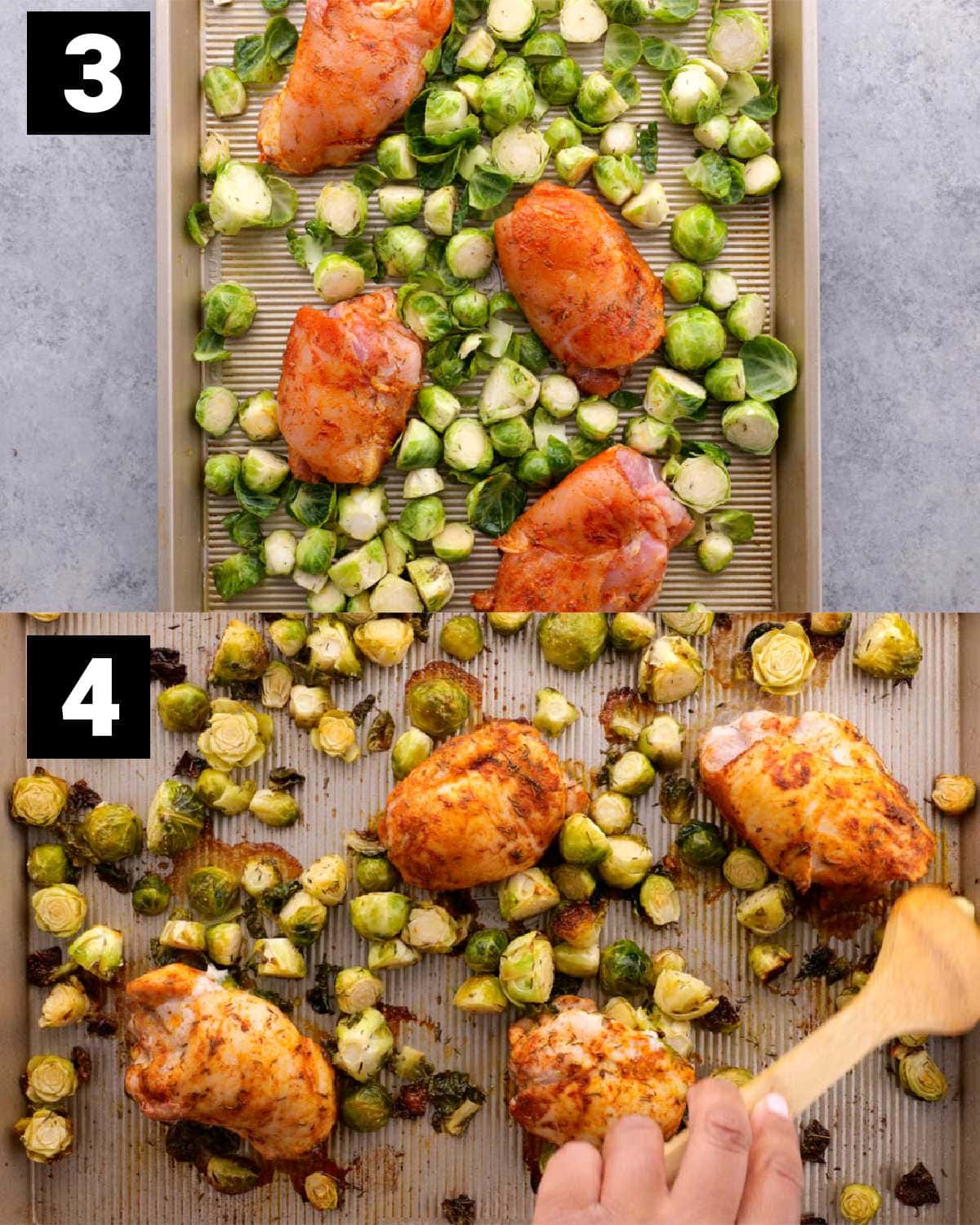 prepare the chicken and brussels sprouts, and stir half way through baking