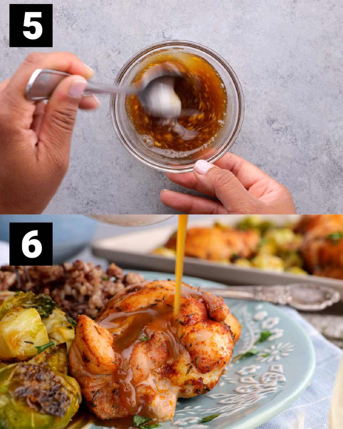 stirring the sauce together and pouring it over the chicken