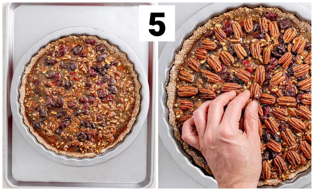 tart with filling, and adding the pecan halves on top for decoration
